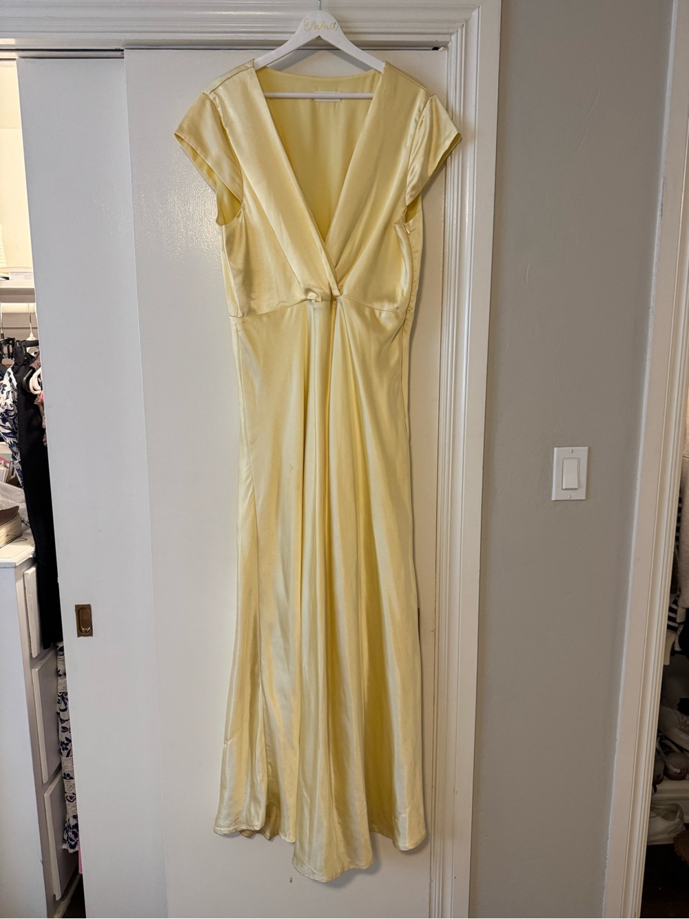 Soft Yellow Satin V-Neck Maxi Dress